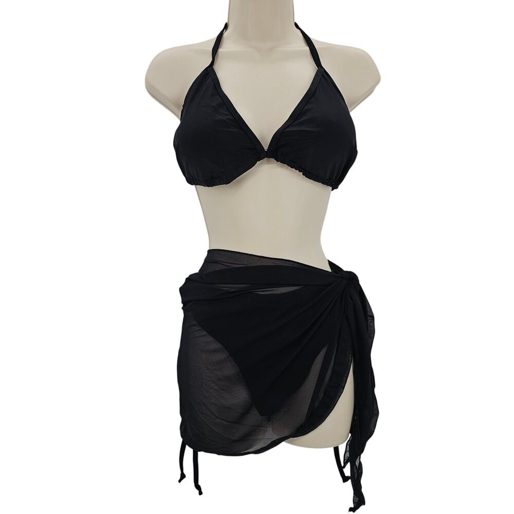 Zando Womans size XXL String Bikini Halter 3 Piece Swimsuit Sarong Black NWOT